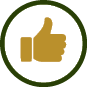 A brown thumbs-up icon inside a dark green circular border on a white background. Description generated by AI