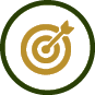 A gold target with an arrow hitting the bullseye is enclosed within a dark green circular border on a white background. Description generated by AI