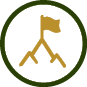 A gold flag planted on top of a stylized mountain peak inside a dark green circular border. Description generated by AI