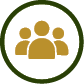 Three stylized figures representing a group of people are shown in gold within a dark green circular border on a white background. Description generated by AI