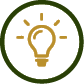 A simple icon of a light bulb with rays emanating from it, enclosed in a dark green circular border. Description generated by AI