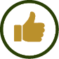 A brown thumbs-up icon inside a dark green circular border on a white background. Description generated by AI