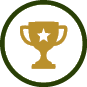 A gold trophy with a star in the center is enclosed within a dark green circular border on a white background. Description generated by AI