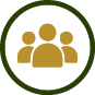 Three stylized gold-colored figures representing people are centered inside a dark green circular border on a white background. Description generated by AI