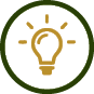 A simple brown light bulb icon with rays inside a dark green circular border on a white background. Description generated by AI