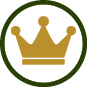 A simple gold crown icon with three rounded points inside a dark green circular border on a white background. Description generated by AI