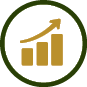 A gold bar chart with three ascending bars and an upward arrow above them is enclosed in a dark green circular border. Description generated by AI