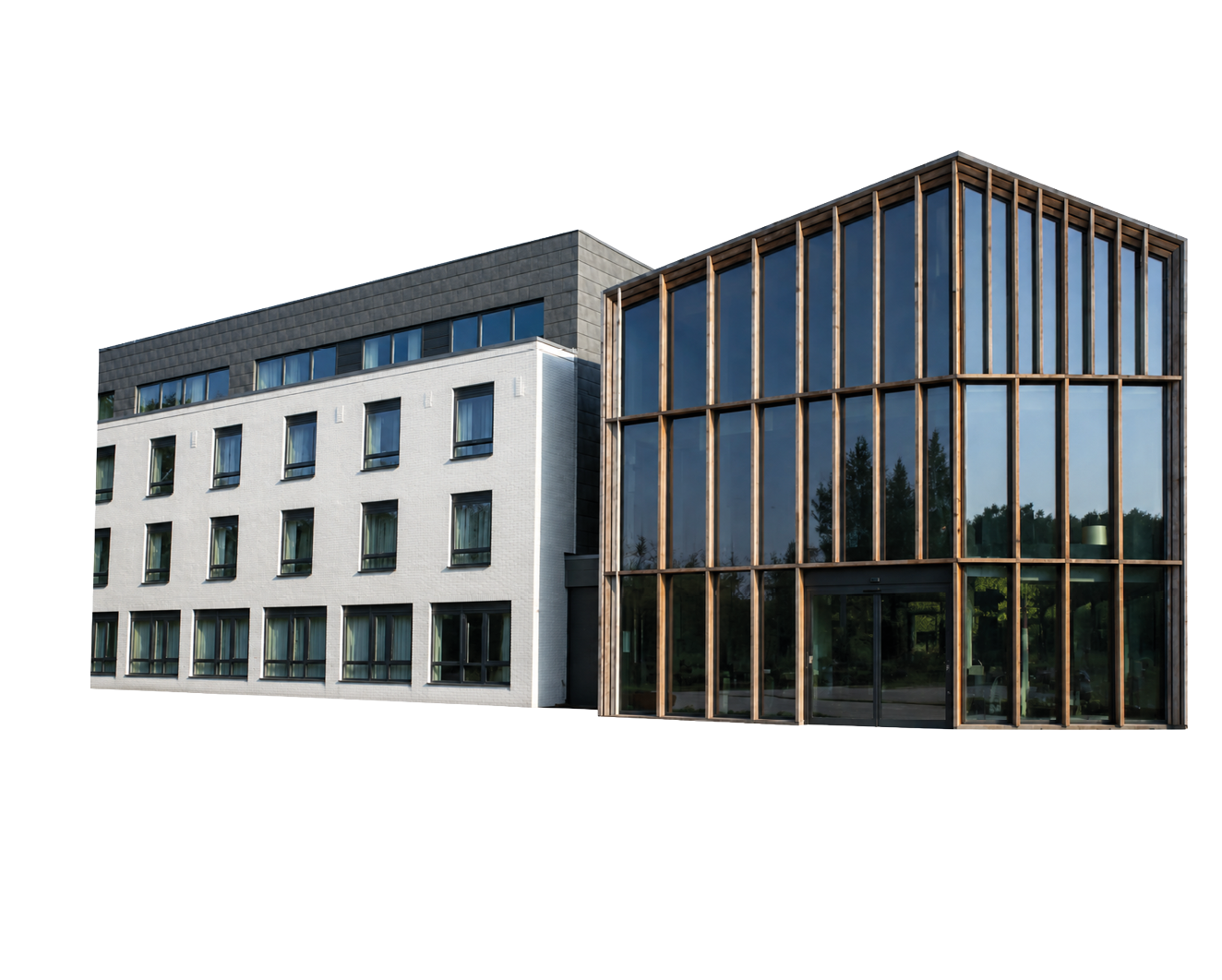 A modern building features a combination of a white rectangular section with multiple windows and a taller glass facade with vertical wooden beams. Description generated by AI