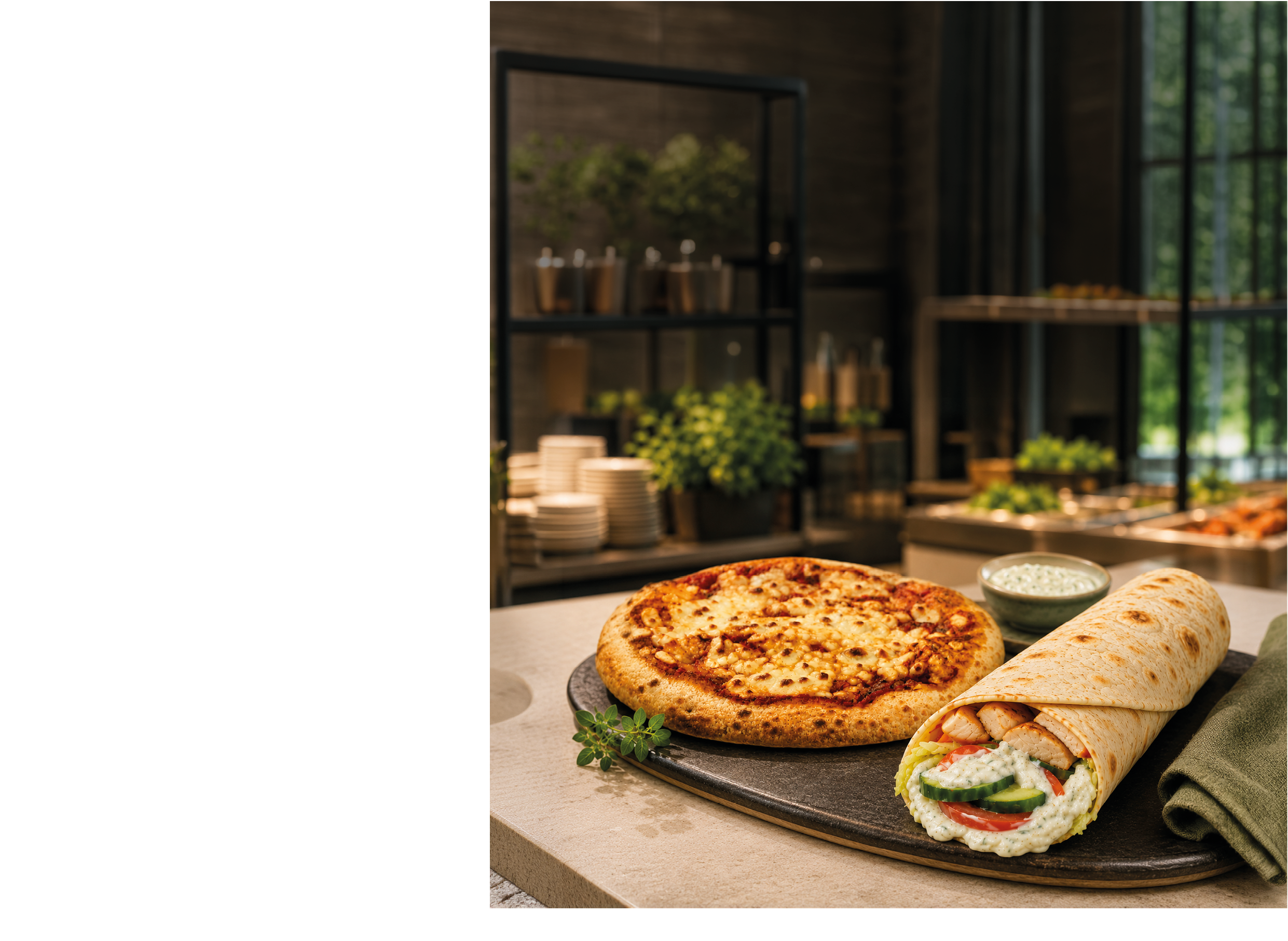 A plate on a table holds a small cheese pizza and a wrap filled with vegetables and grilled pieces, accompanied by a small bowl of dipping sauce in a cozy indoor setting. Description generated by AI