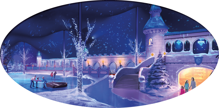 A snowy nighttime scene shows people ice skating and playing on a frozen pond near a castle-like building decorated with lights and snow-covered trees. Description generated by AI