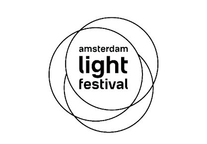 The logo for the Amsterdam Light Festival features the words “amsterdam light festival" in bold black text surrounded by four overlapping black circles on a white background. Description generated by AI