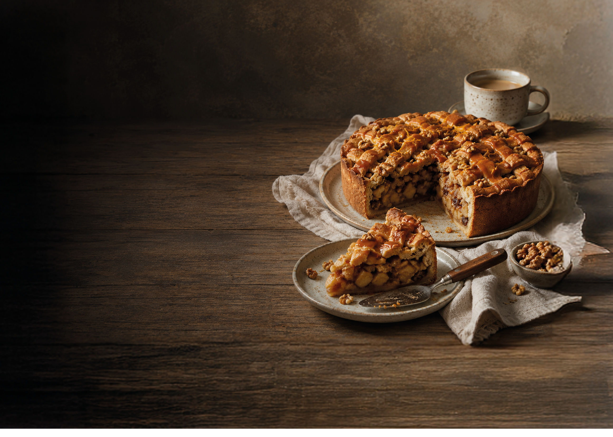 A rustic apple pie with a lattice crust is partially sliced on a plate with a knife, accompanied by a small bowl of walnuts and a cup of coffee on a wooden table with a linen cloth. Description generated by AI