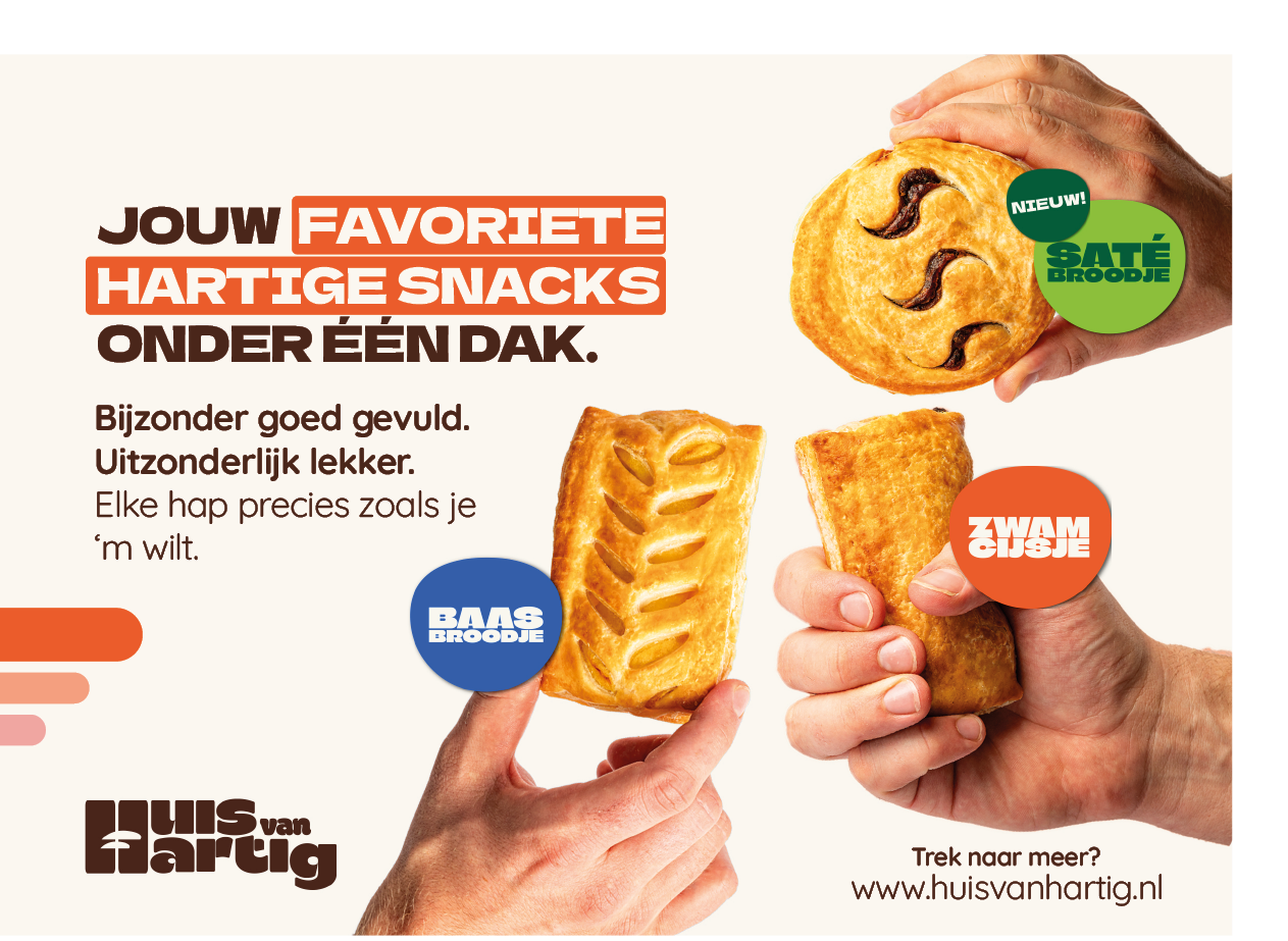 Hands hold three different savory snacks with text promoting favorite savory snacks from Huis van Hartig in Dutch. Description generated by AI