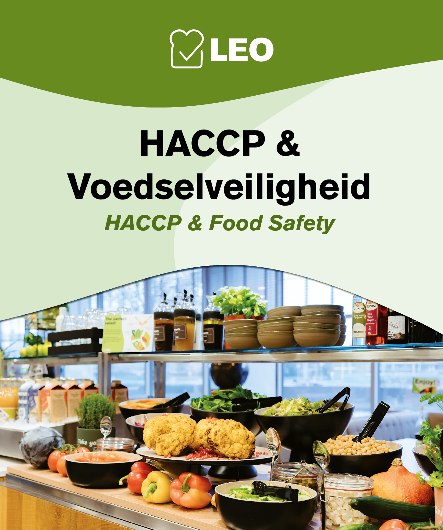 A display of food with a sign that says HACCP & Voedselveilig. Description generated by AI