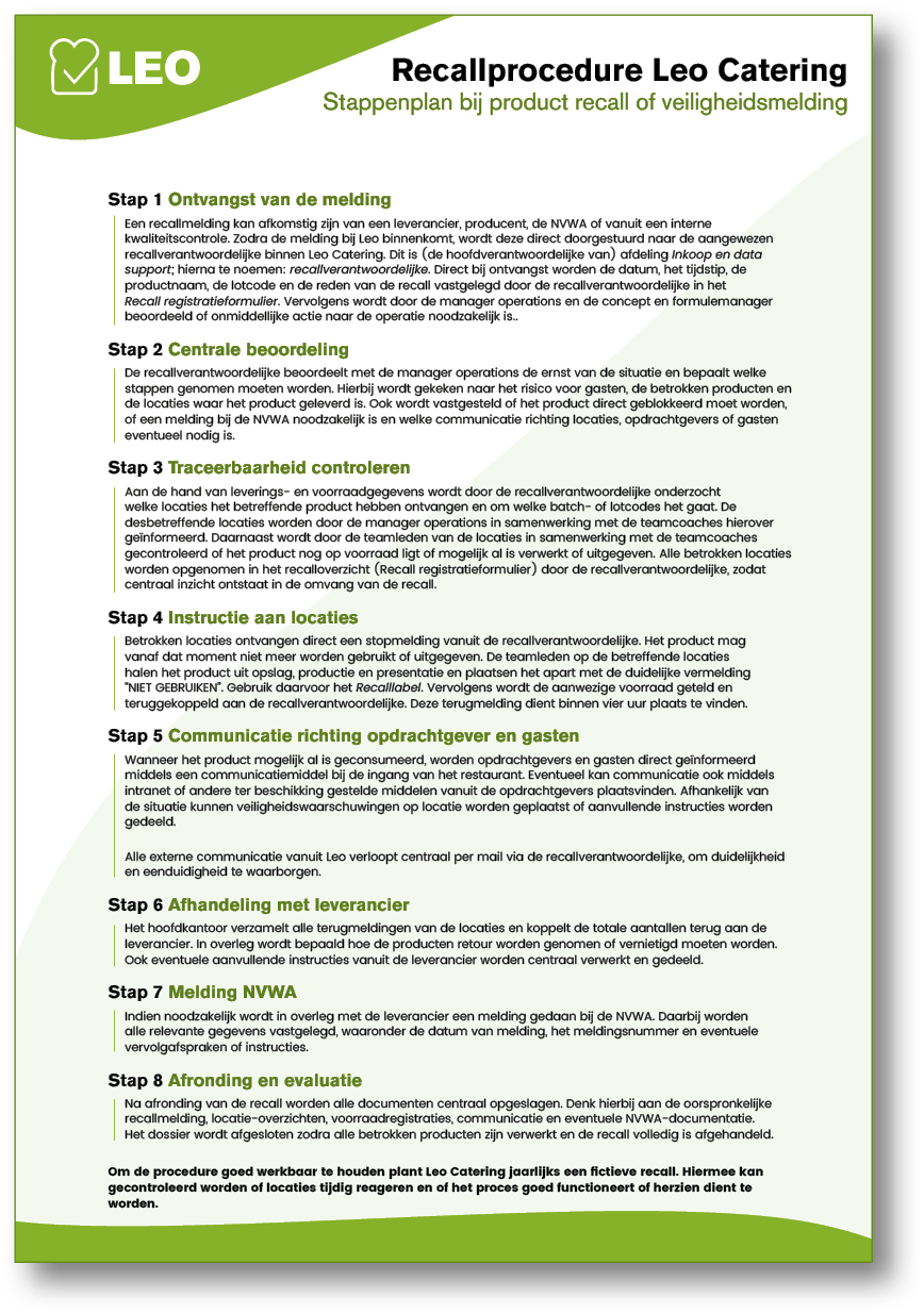 A green and white pamphlet with the title Recalculation Leco Catering. Description generated by AI