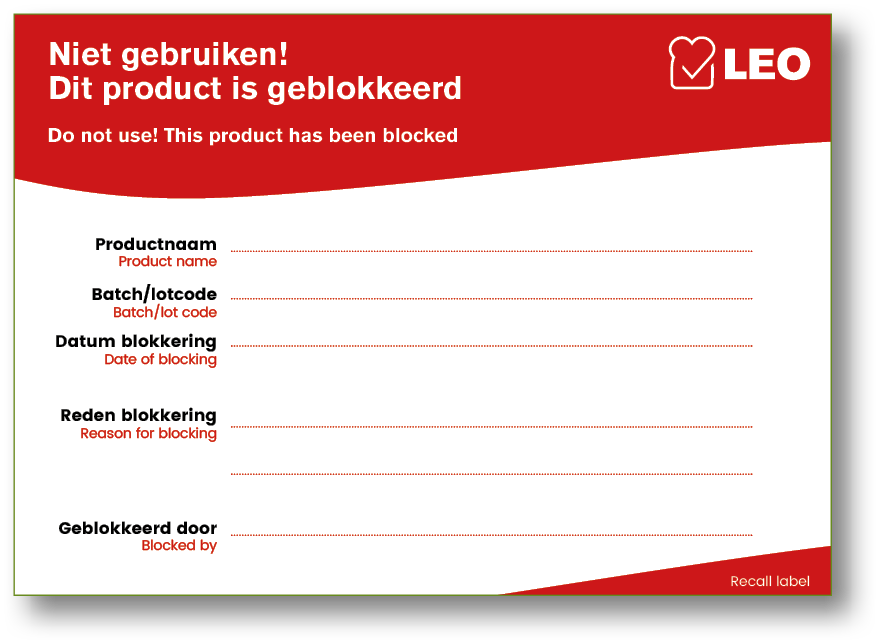 A red and white sign that says “Niet gebruken! Dit product is geblokkeerd." Description generated by AI