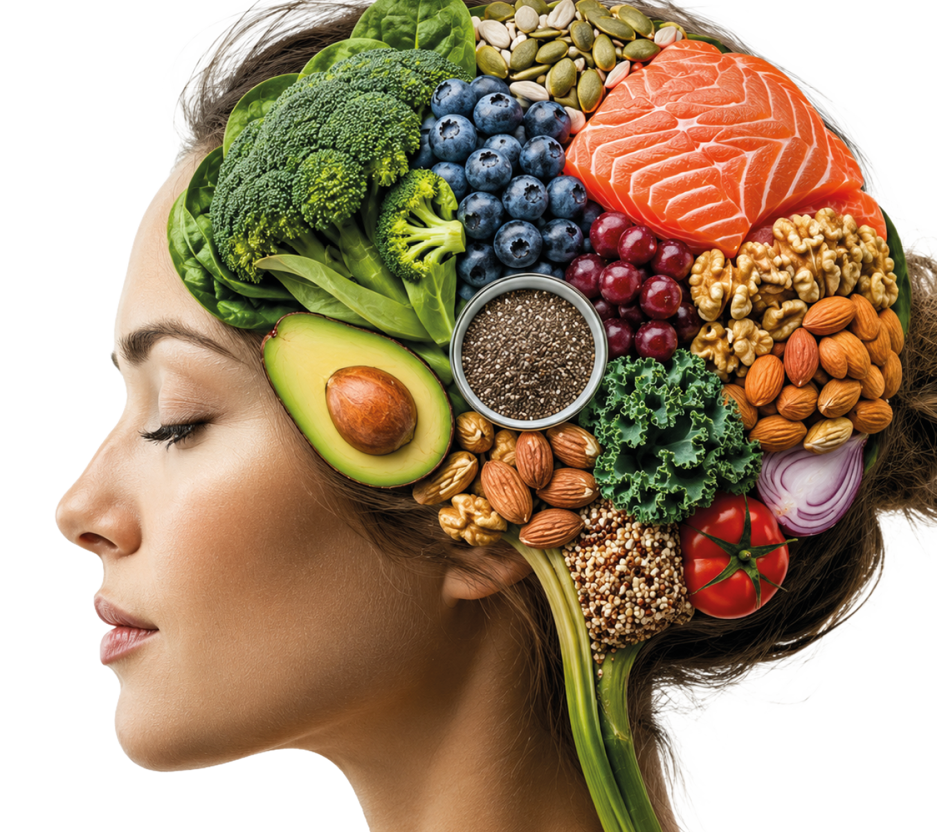 A woman with a head made of fruits and vegetables. Description generated by AI