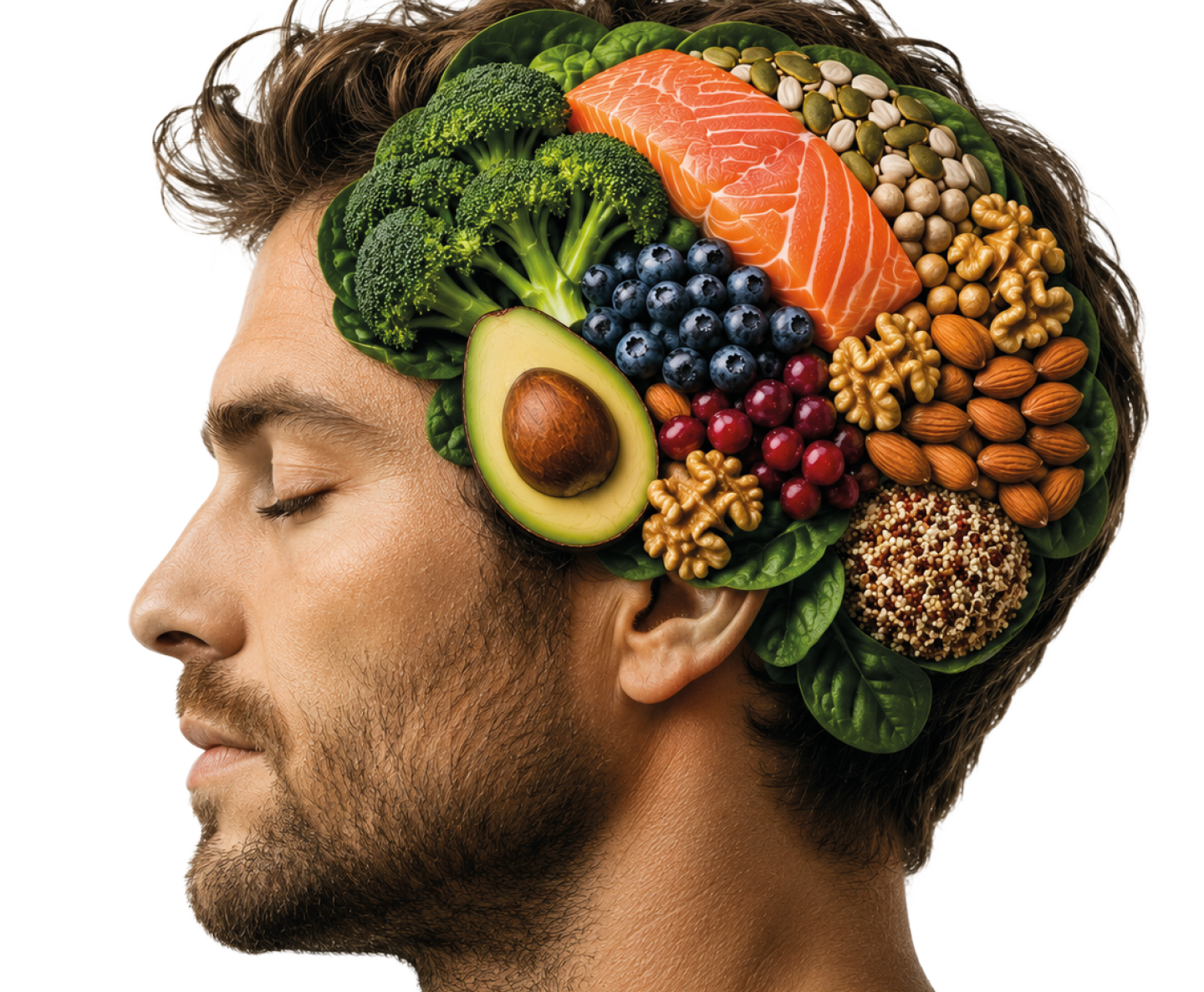 A man with a head made of fruits and vegetables. Description generated by AI
