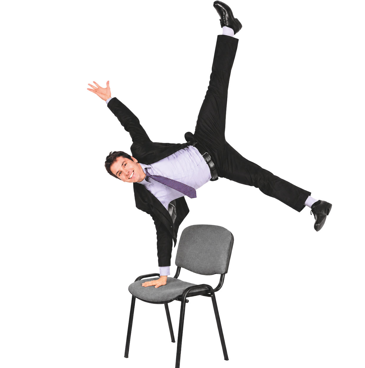 A man in a suit and tie is doing a split on a chair. Description generated by AI