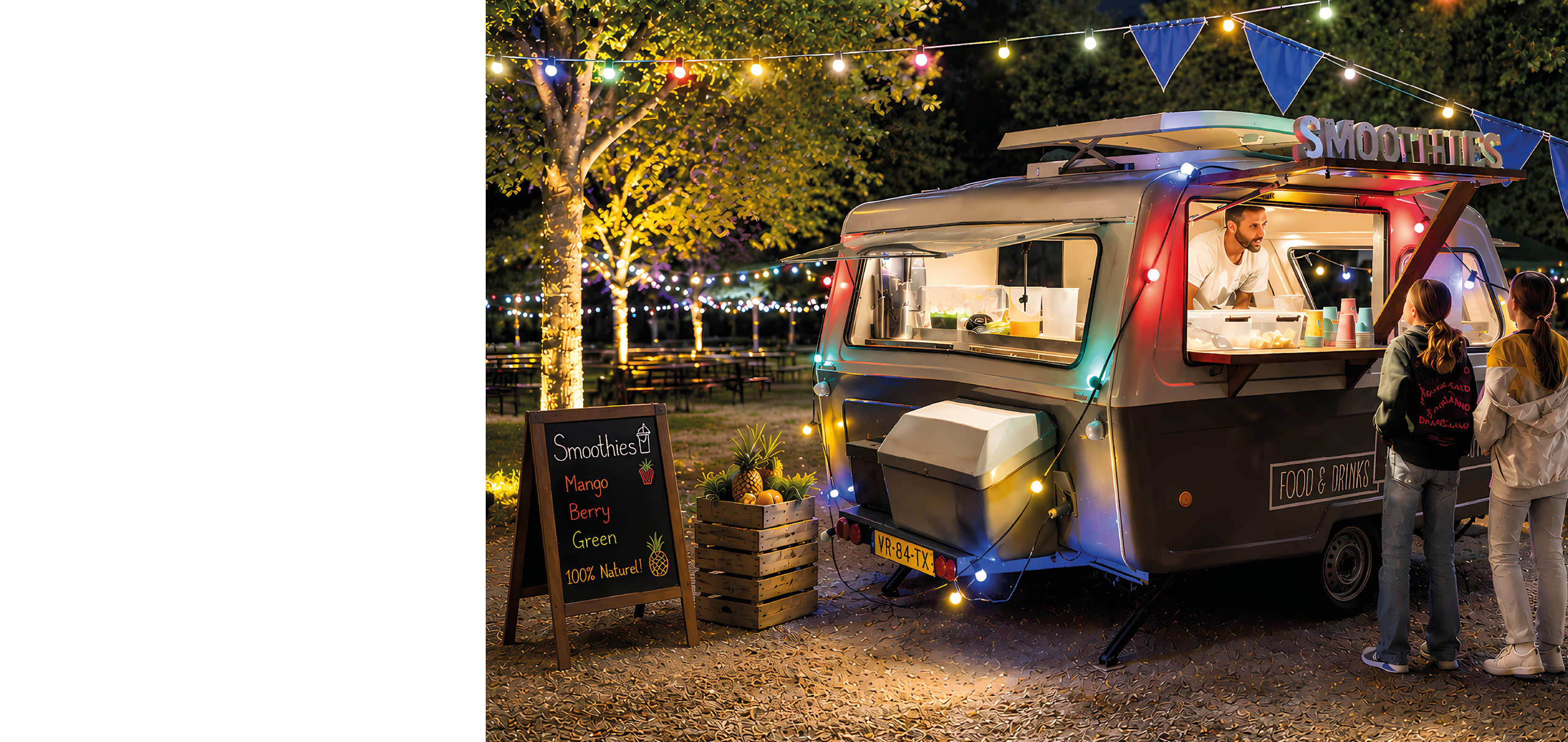 A food truck with a man standing in front of it. Description generated by AI