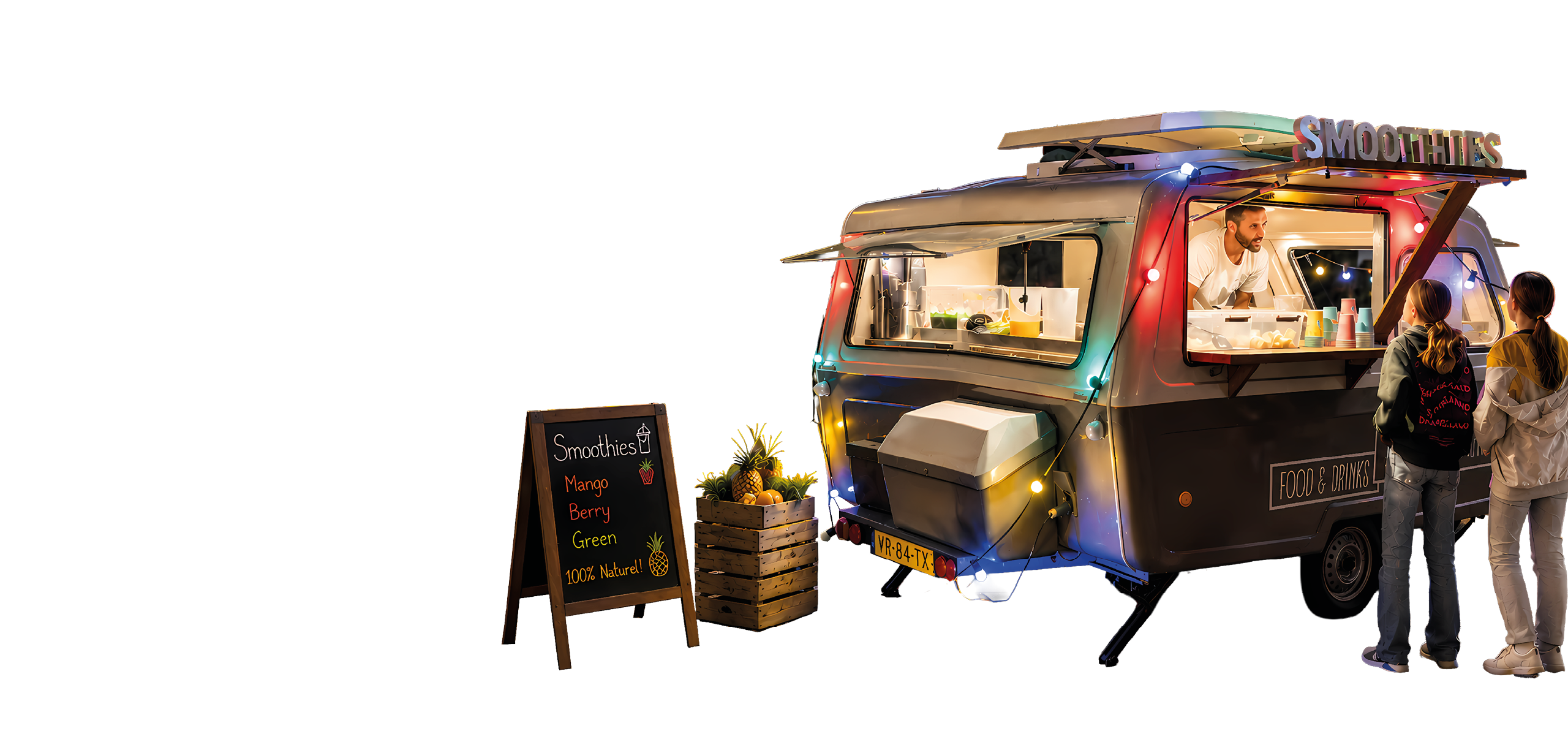 A food truck with a man standing behind it. Description generated by AI
