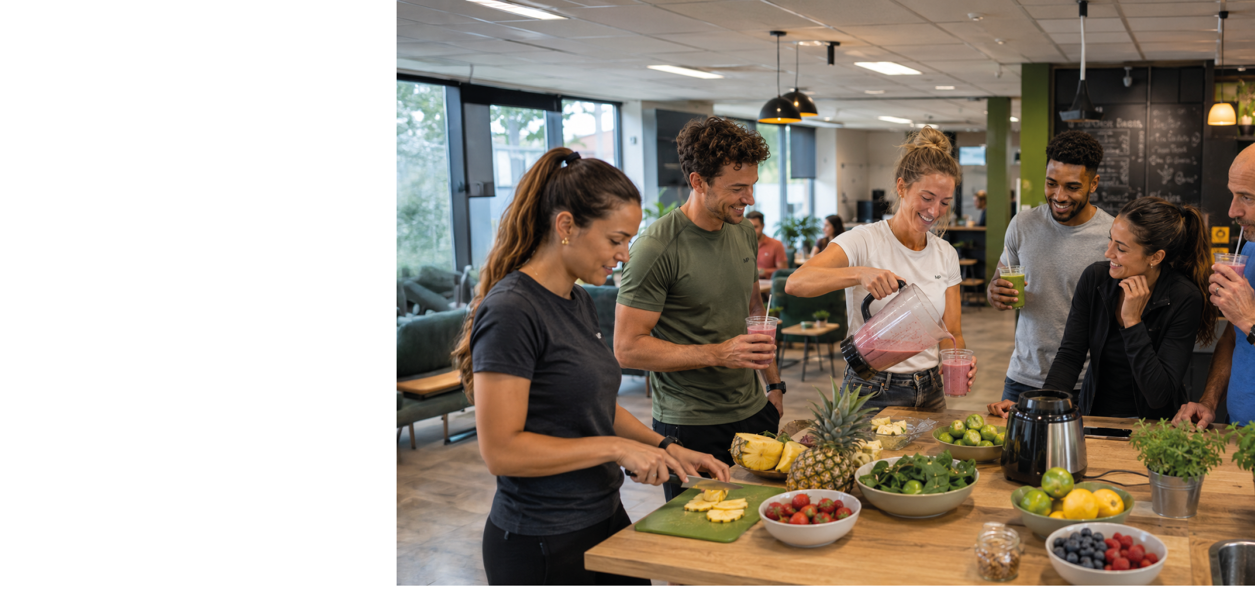 A group of people are gathered around a table with a blender on it. Description generated by AI