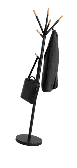 A black coat hanger with a black bag and a black and white striped scarf hanging on it. Description generated by AI