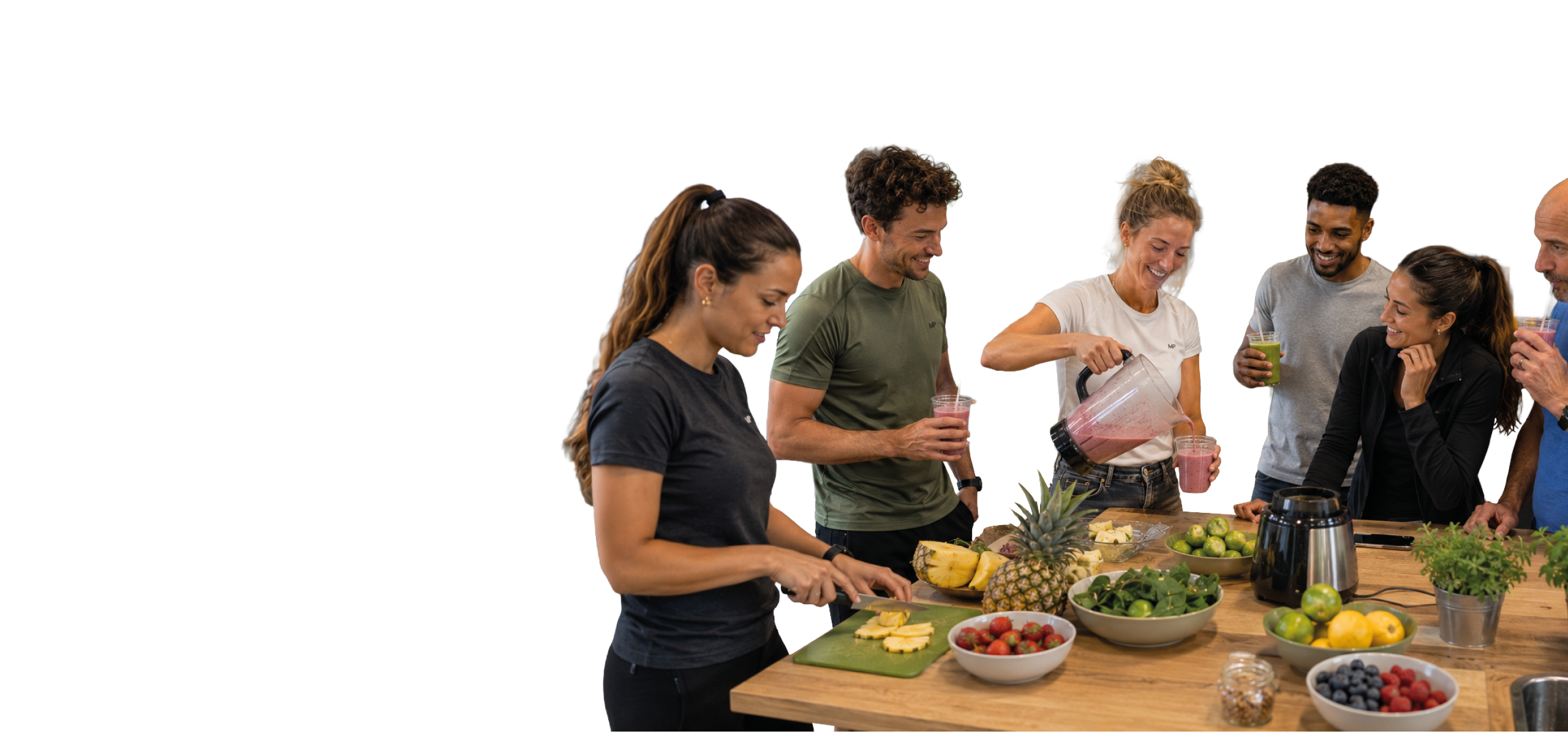 A group of people are standing around a table with a blender on it. Description generated by AI