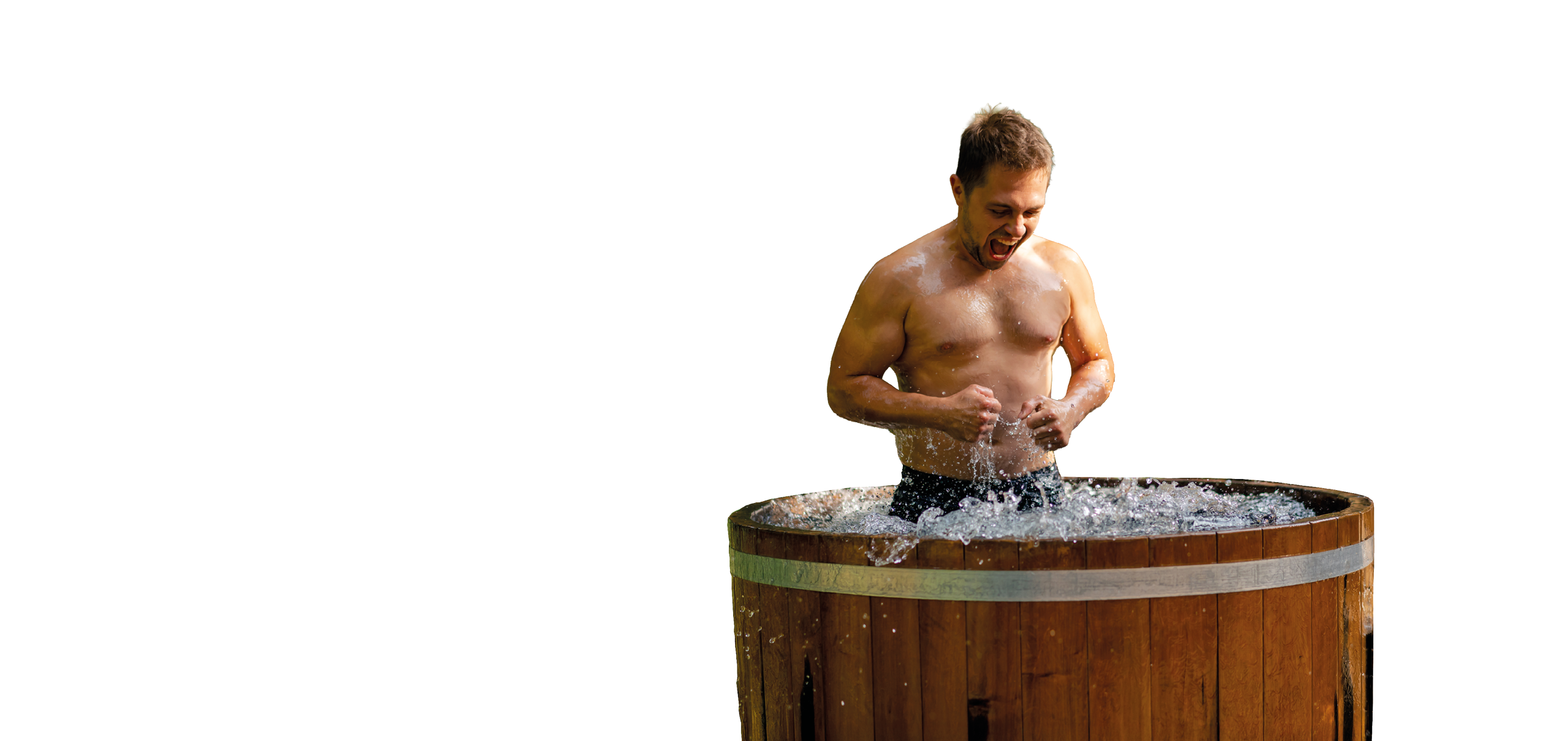 A man is standing in a wooden barrel filled with water. Description generated by AI