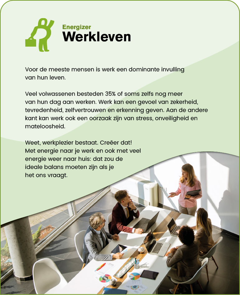 A group of five adults is engaged in a discussion around a table with laptops and documents in a bright office space, accompanied by Dutch text about work and energy balance. Description generated by AI