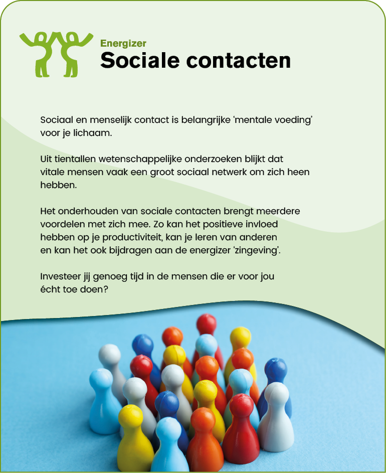 Colorful game pieces arranged closely together on a blue surface accompany Dutch text discussing the importance of social contacts for mental and physical well-being. Description generated by AI