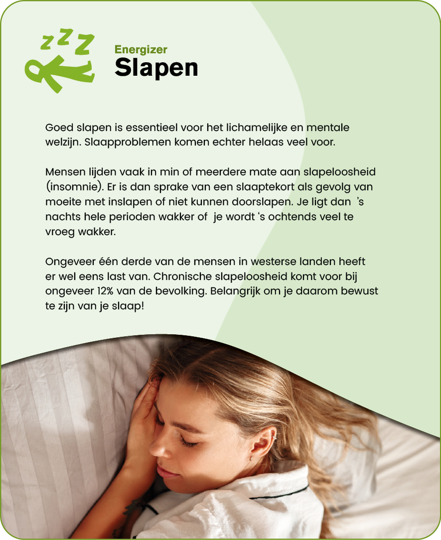 A person with long hair is lying on a bed with eyes closed, accompanied by text in Dutch about the importance of sleep and sleep problems. Description generated by AI