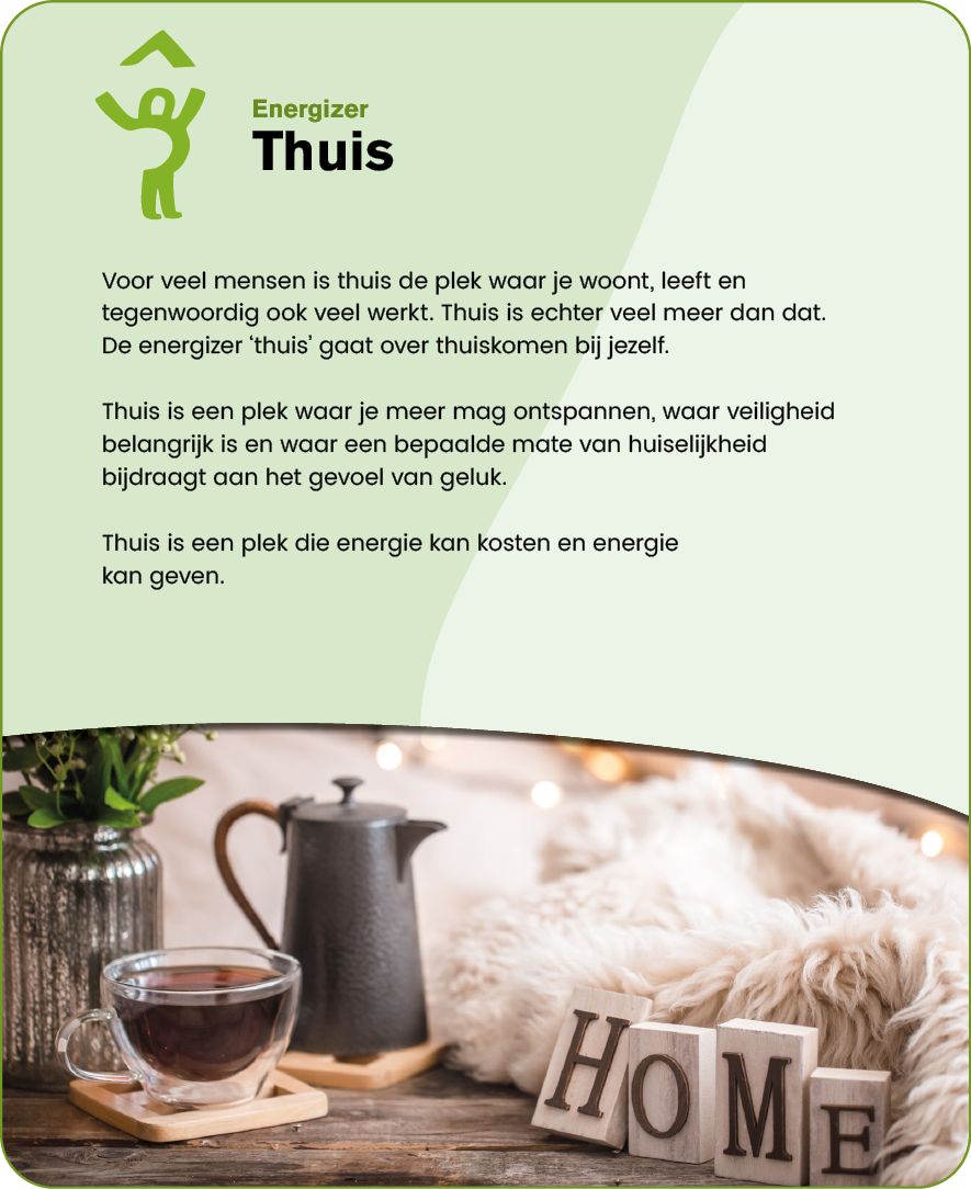 A cozy home setting with a cup of tea, a teapot, a plant, a fluffy blanket, and wooden blocks spelling the word “HOME" alongside Dutch text about the meaning of home. Description generated by AI
