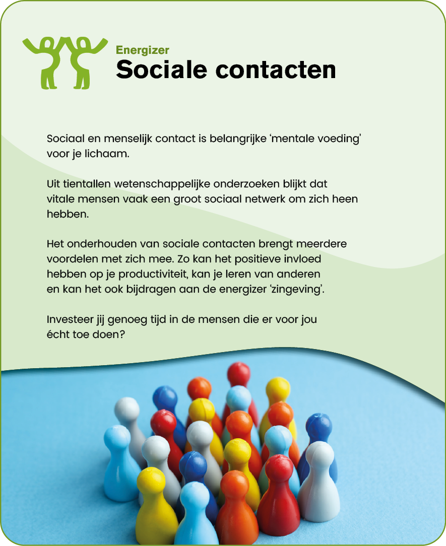 Colorful game pieces arranged closely together on a blue surface accompany Dutch text about the importance of social contacts for mental well-being and productivity. Description generated by AI