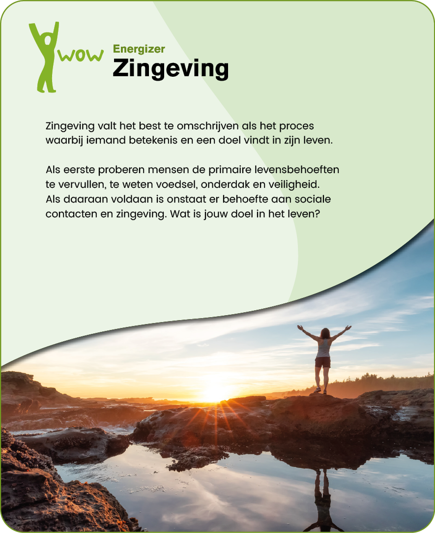 A person stands on rocky terrain with arms raised at sunset, accompanied by Dutch text about finding meaning and purpose in life. Description generated by AI
