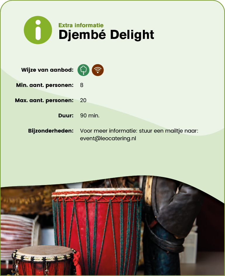 A promotional flyer for a drumming activity called Djemb Delight shows a close-up of traditional drums and provides details about group size, duration, and contact information.  Description generated by AI