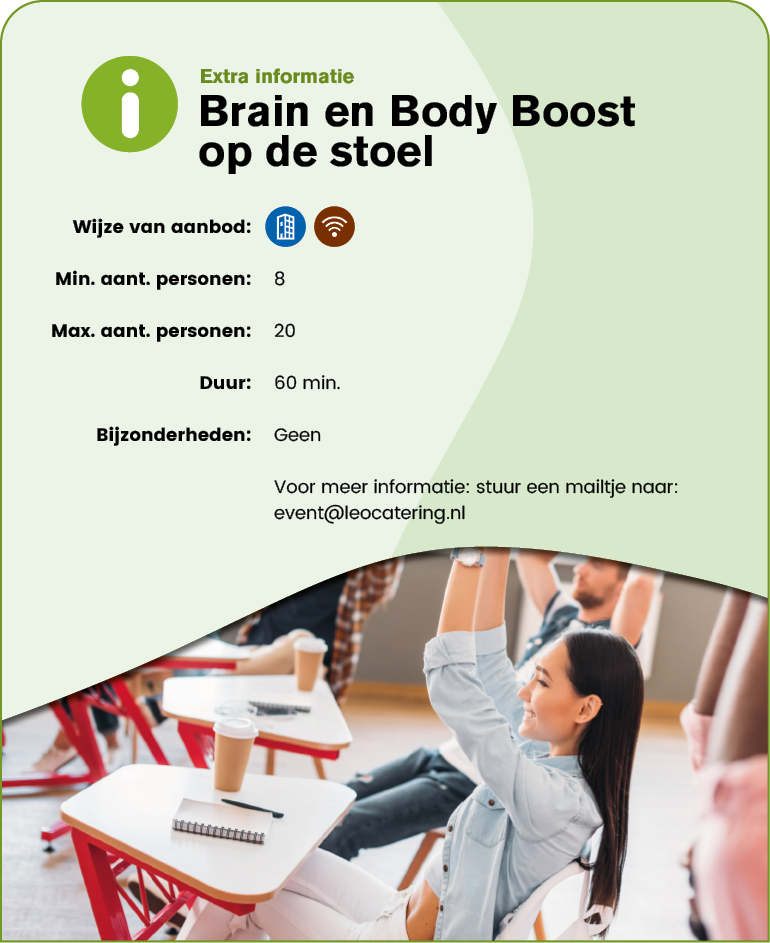 Adults sitting in a classroom setting with desks and notebooks are raising their hands, accompanied by text about a brain and body boost program with details on participation and contact information. Description generated by AI