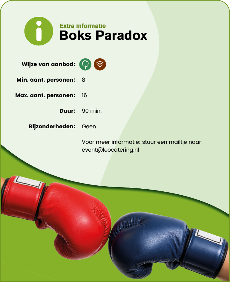 Two boxing gloves, one red and one blue, face each other above a green and white background with text about a boxing paradox event. Description generated by AI