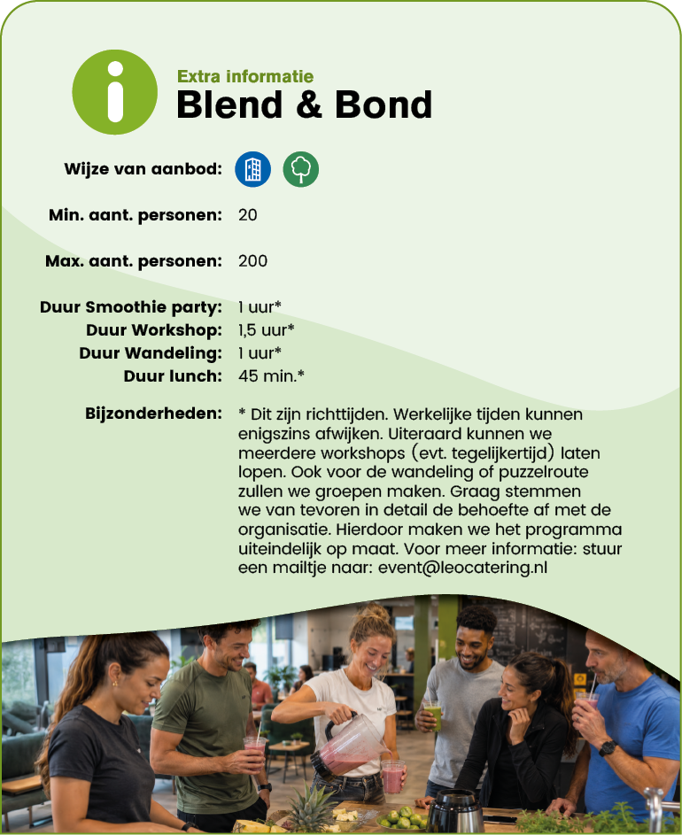 A group of adults smiling and interacting around a table with plants and drinks in a casual indoor setting, accompanied by text detailing information about a Blend & Bond event including duration and contact details. Description generated by AI