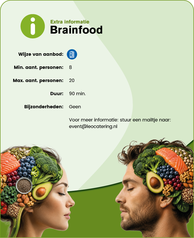Two adults face each other with their heads creatively illustrated to show various healthy foods like fruits, vegetables, and nuts inside their brains, alongside text about brain food information and catering details. Description generated by AI