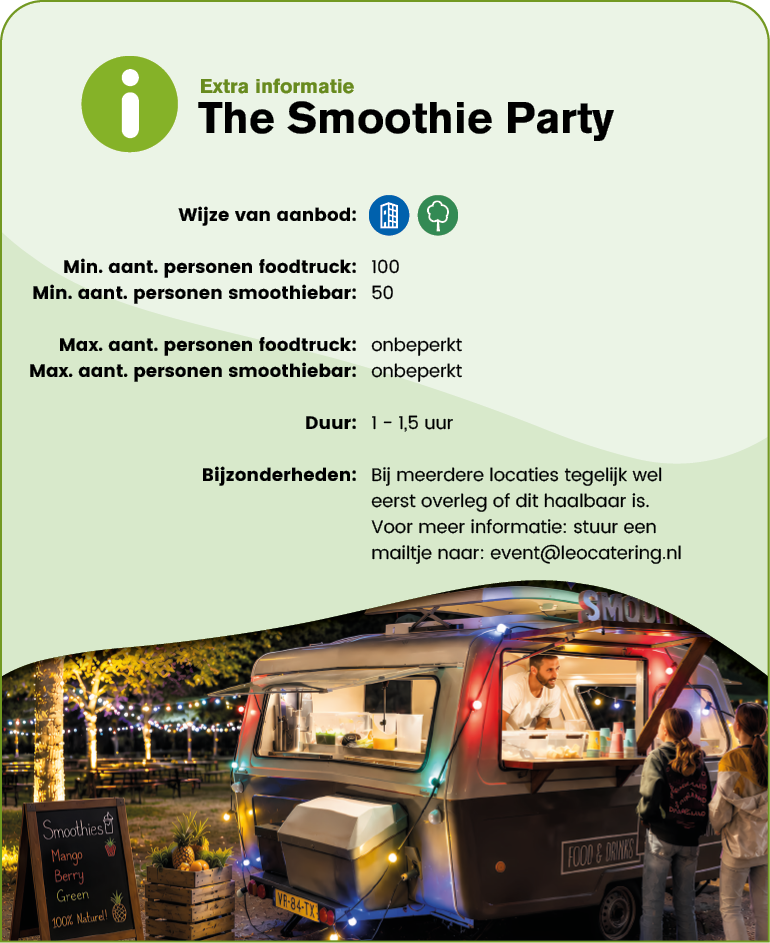 A food truck serving smoothies is parked outdoors at night with string lights in the background and people standing nearby. Description generated by AI