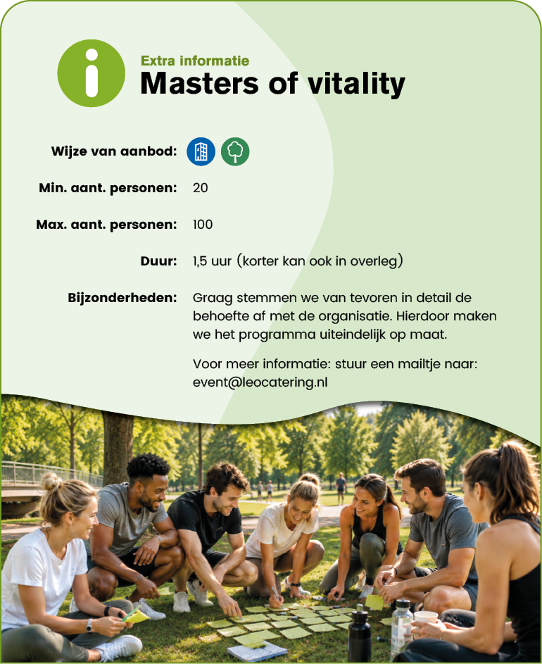 A group of adults sitting on grass outdoors in a park, engaged in a collaborative activity with cards or papers spread out in front of them, accompanied by a text box describing a vitality workshop event. Description generated by AI