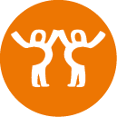 Two stylized white figures with raised arms face each other on an orange background. Description generated by AI