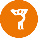 A white abstract figure with arms raised on an orange background resembling a stylized person or symbol. Description generated by AI