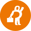 A stylized white figure holding a pen or stylus on an orange circular background. Description generated by AI