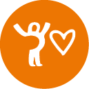A simple white line drawing on an orange background shows a person with raised arms next to a heart shape. Description generated by AI