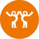 Two stylized white figures with raised arms stand facing each other on an orange background. Description generated by AI