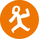A white abstract figure resembling a person flexing an arm muscle is set against an orange circular background. Description generated by AI