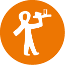 Two stylized white figures with raised arms face each other on an orange background. Description generated by AI