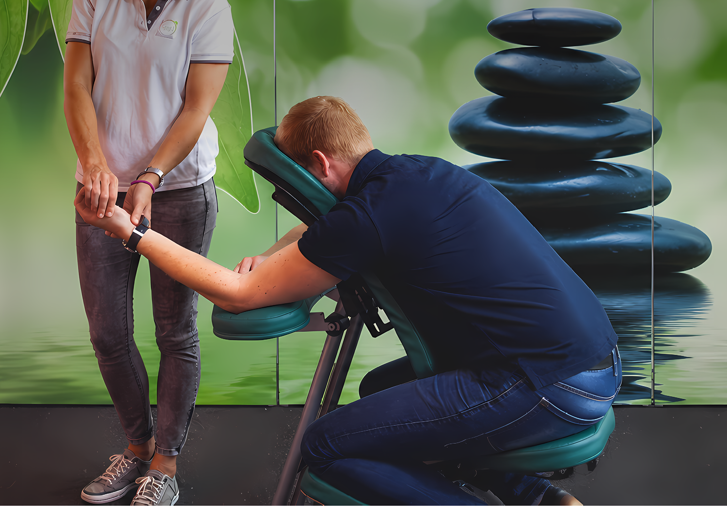 A person is receiving a seated massage from another person in a calm setting with a green leafy background and stacked black stones. Description generated by AI